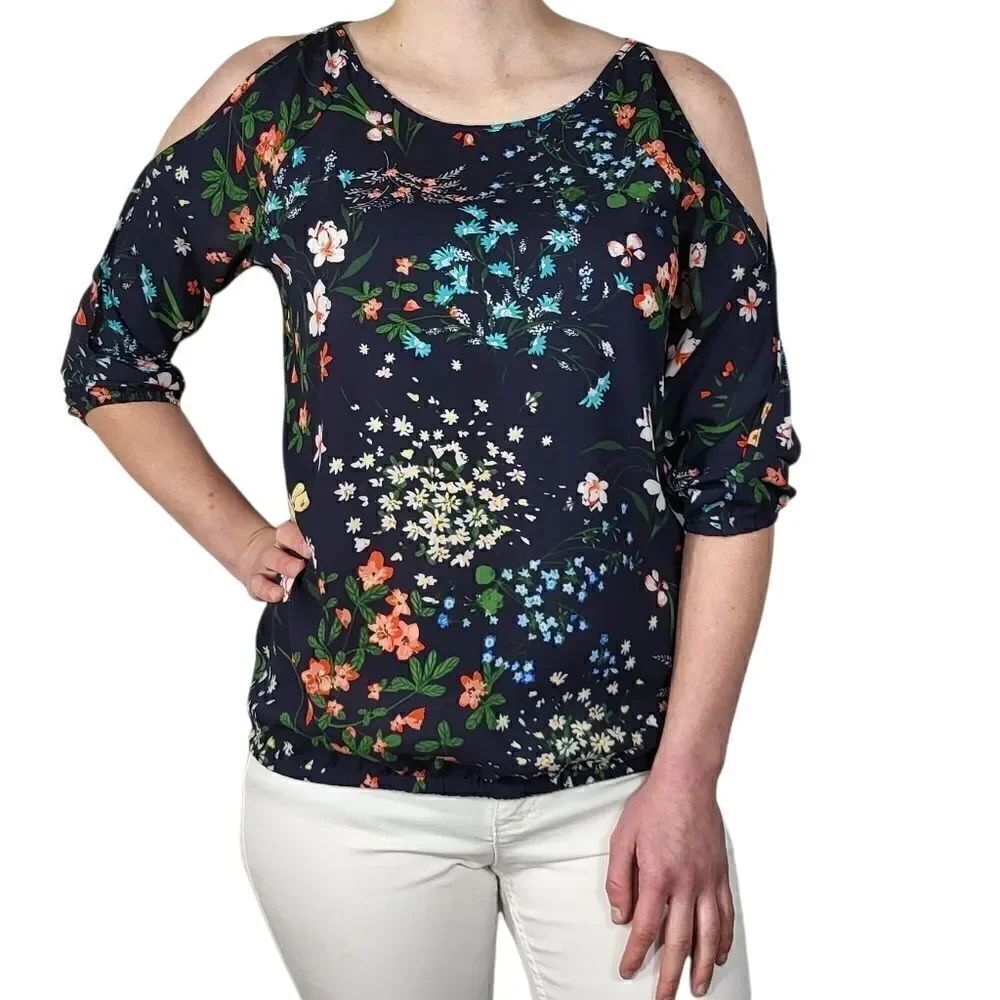 New York & Company Cold Shoulder Floral Top Blouse